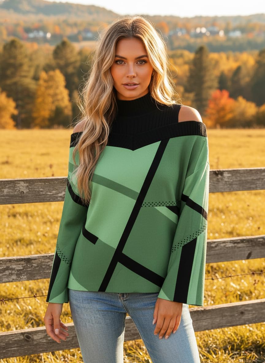 Womens Boho Cold Shoulder Long Sleeve Sweaters Sexy Mock Neck Knit Tops Plaid Geometric Pullover for Women Fall Winter Spring - Image 4