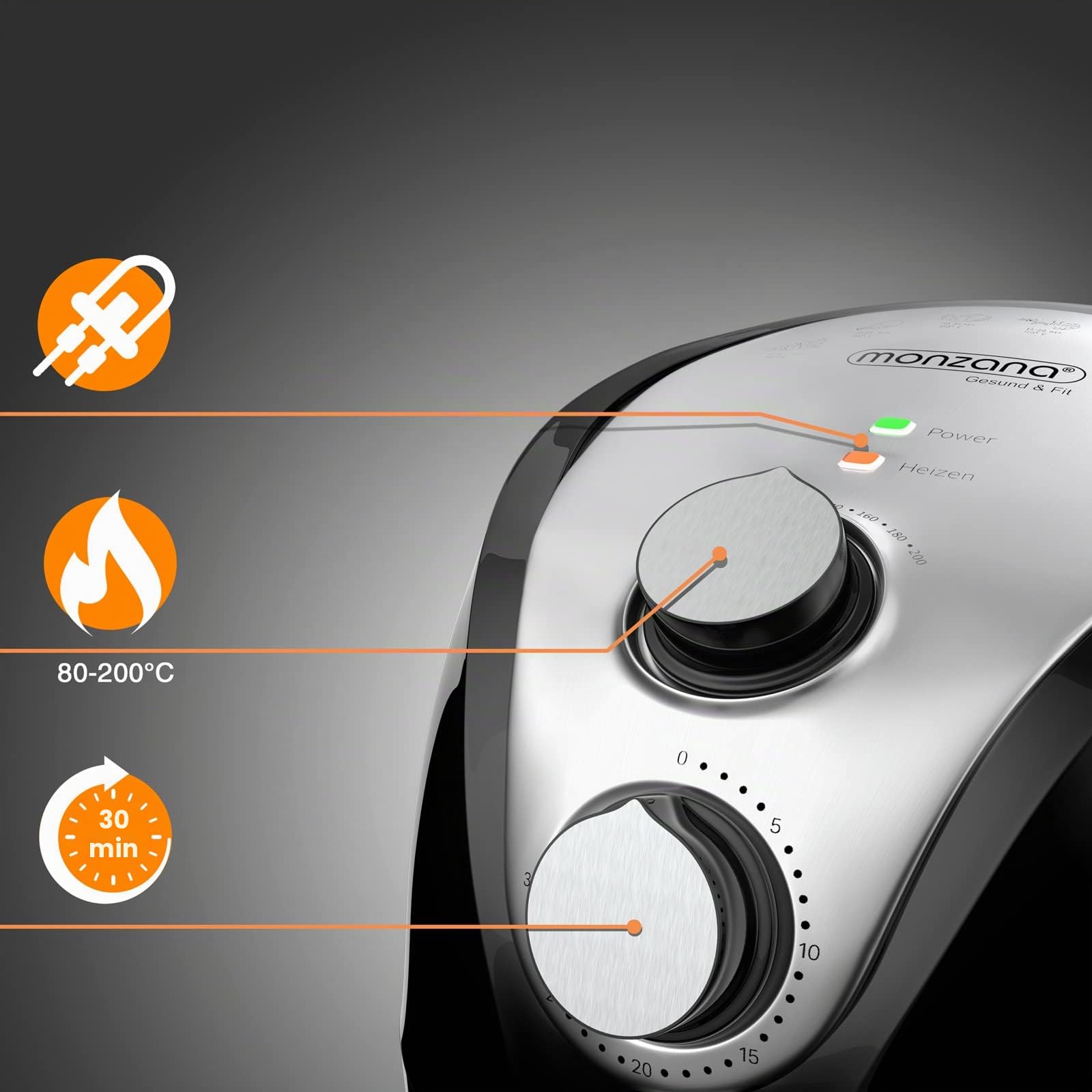 MONZANA® Freidora sin Aceite de Aire Caliente 1500W 3,6L 80-200°C 9 Programas Temporizador Air Fryer