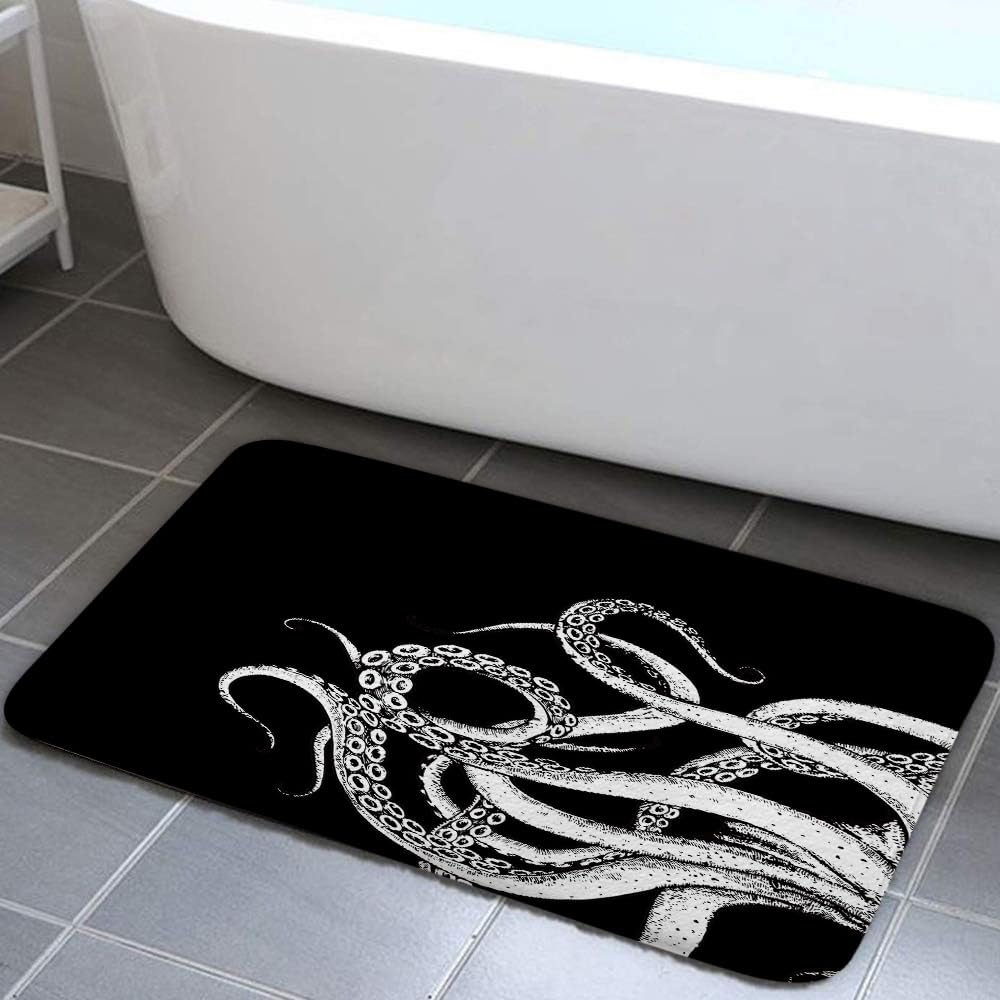 VEIGIKE Octopus Decor Bath Mat for Bathroom, Funny Black and White Sea Monster Kraken Animal Goth Floor Rugs Mats Non Slip Nautical Bathroom Decor