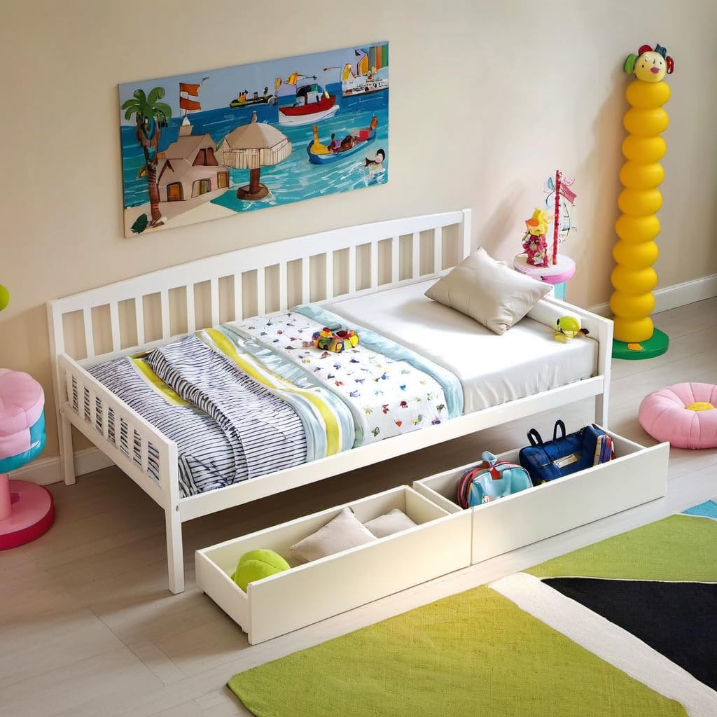 Solid Wood Daybed & Twin Size Bed Frame with Drawers and Wooden Support for Boy Girl Kids Bedroom,Wood Platform Frame & Easy Assembly,No Box Spring Needed, White