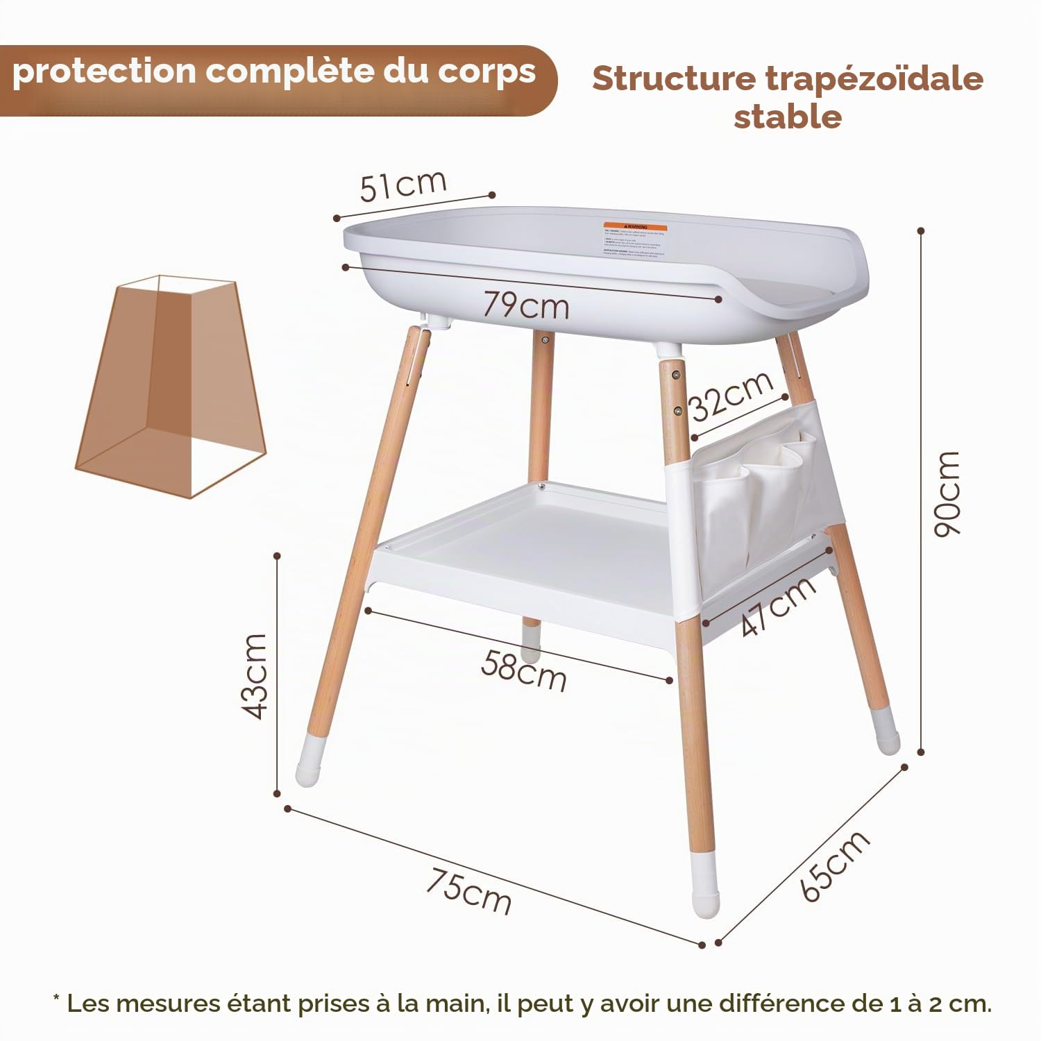 Beberoad Table à Langer Avec Grand Rangement et Sac Étanche, Blanc | Réglable en Hauteur, Coussinet Souple, Charge Max 25KG