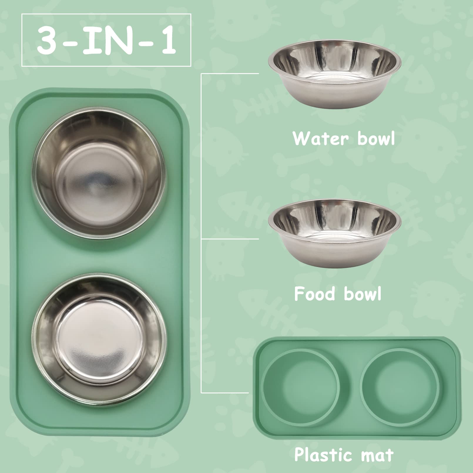 BNOSDM Cuencos dobles de acero inoxidable para comida y agua para perros con alfombrilla de plástico antiderrames, juego de cuencos para cachorros, gatos, gatitos, perros pequeños y medianos, color