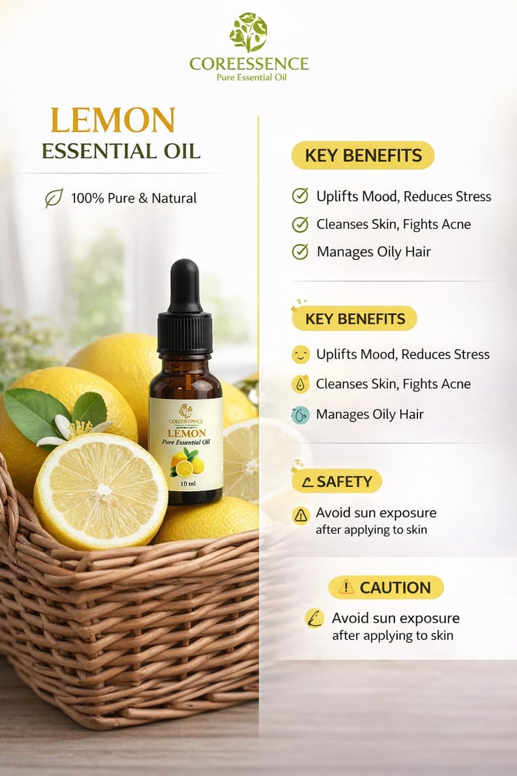 COREESSENCE Essential Oil Combo Set, Rosemary, Lemon, Tea Tree, Ylang Ylang and Lavender, 10ml Each, Pack of 5, for Hair, Skin, Relaxation and Diffuser 3
