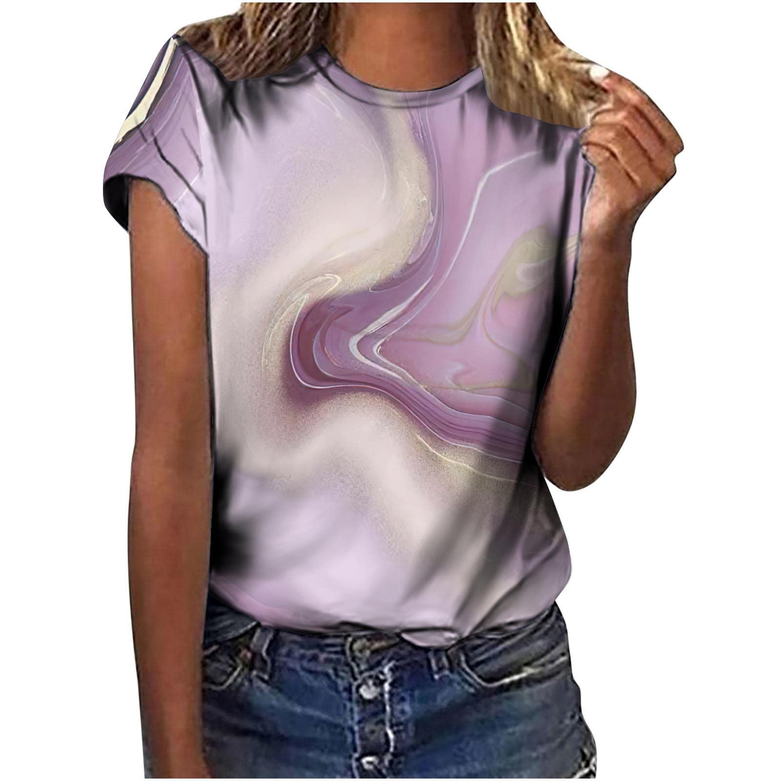Womens Marble Print Tops Summer Short Sleeve Crewneck Graphic T Shirts Casual Going Out Fashion Tunic Blouses