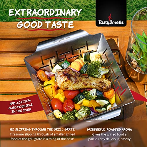 Tastysmoke® Premium Stainless Steel Grill Basket Usable As Vegetable Basket, Fish Grill Basket And Grill Tray - Universally Applicable And Particularly Durable Grill Pan For The Grill - The Ideal Grill Accessory (Medium Basket) #TOP3