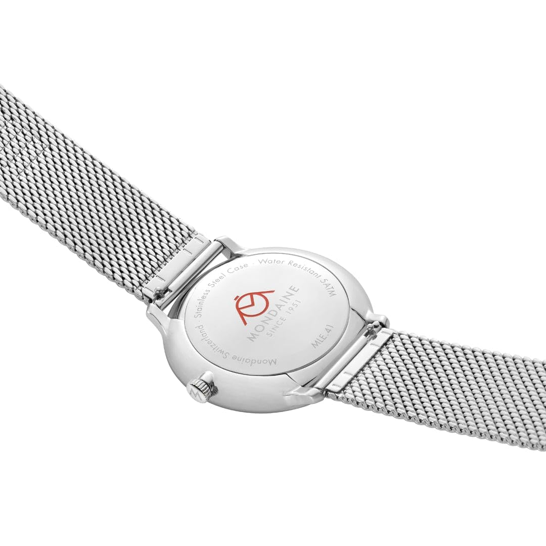 Mondaine Doppio zegarek męski 41 mm, szwajcarski mechanizm kwarcowy, szkło szafirowe, stal nierdzewna, wodoszczelny 5 ATM, zrównoważony – elegancja i tradycja, dwoistość w designie