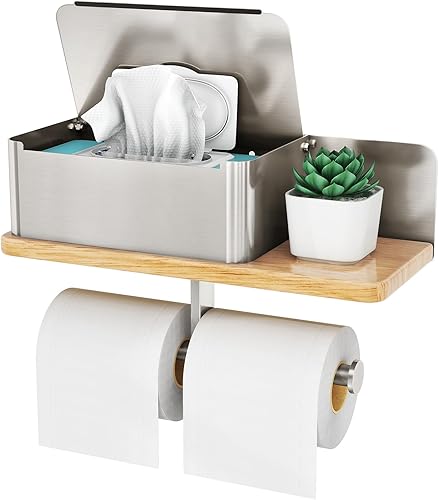 Miniatura 9 de Soporte de papel higiénico con estante de doble rollo con dispensador de toallitas para baño, rollo de papel de seda de metal y madera maciza,
