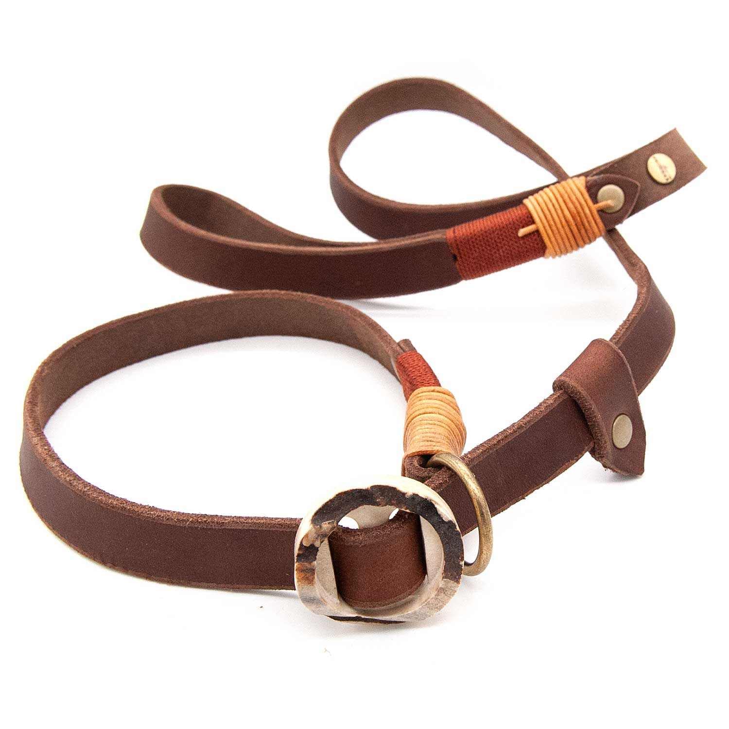 Retrieverleine Leder 20 mm in Braun | Burnt Amber | Moxon-Leine mit außergewöhnlichem Horn-Zugstopp | robuste und edle Hundeleine aus hochwertigem Fettleder mit integrierter Halsung - 230 cm