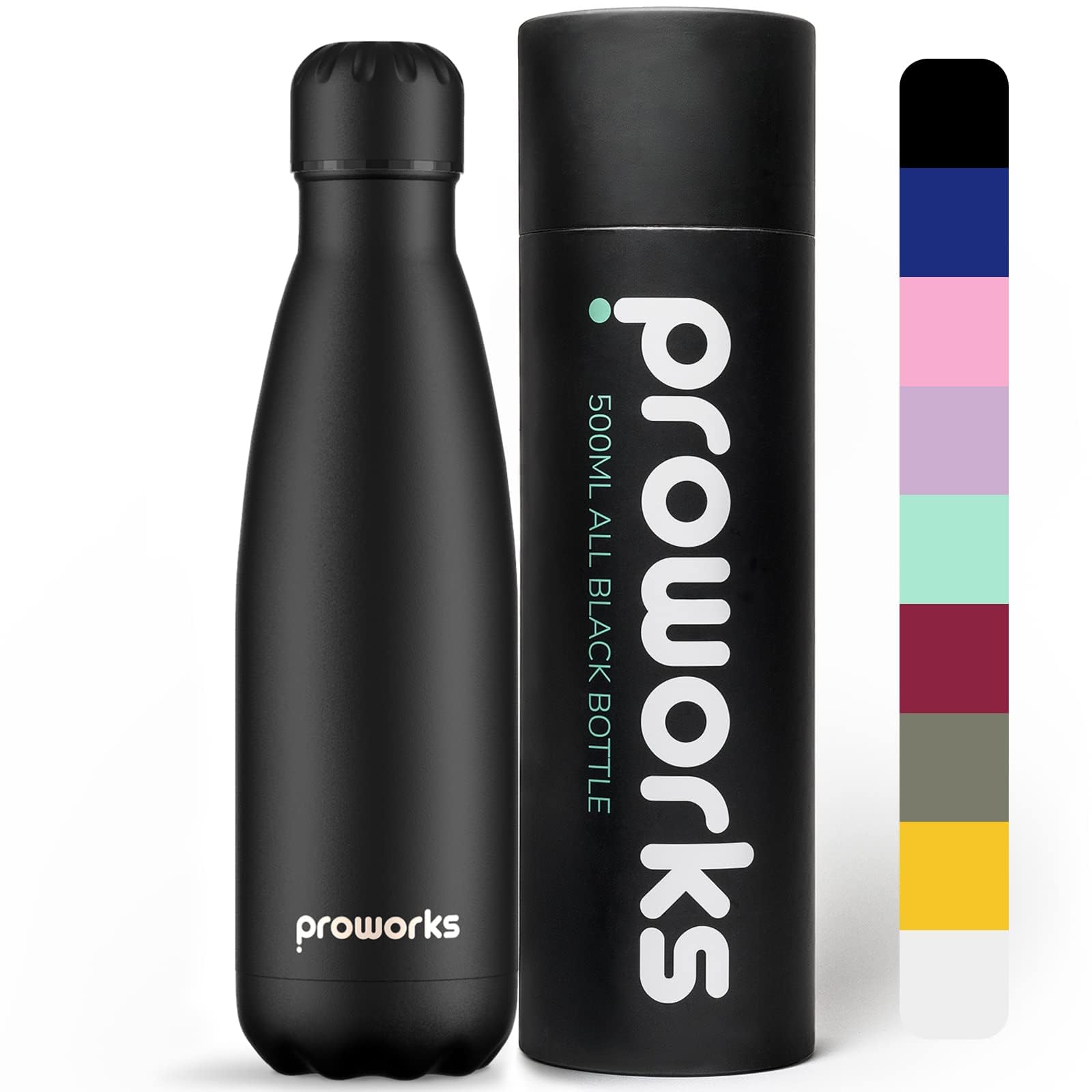 Proworks Performance Stainless Steel Sports Water Bottle | Double Insulated Vacuum Flask for 12 Hours Hot & 24 Hours Cold Drinks - Great for Home, Work, Gym & Travel - 500ml - BPA Free – Jet Black