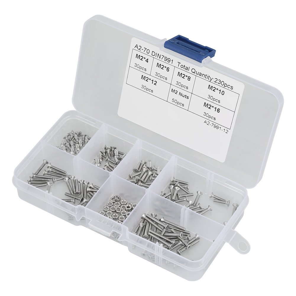 230pcs M2 304 in acciaio inox a testa piatta Viti per bulloni in metallo Kit di strumenti assortimento con scatola