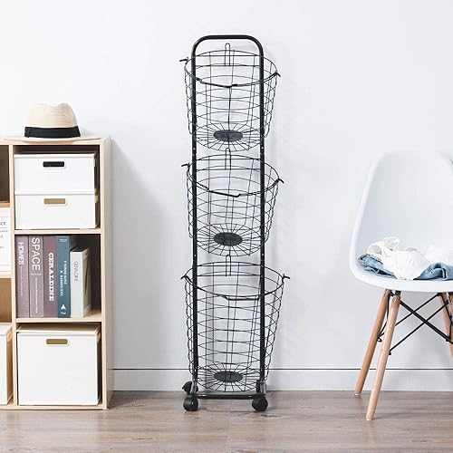 Miniatura 3 de Lomani - Cesta de 3 capas para la colada con ruedas, almacenamiento y organizador de lavandería, cesta de tela, cesta organizadora para ropa