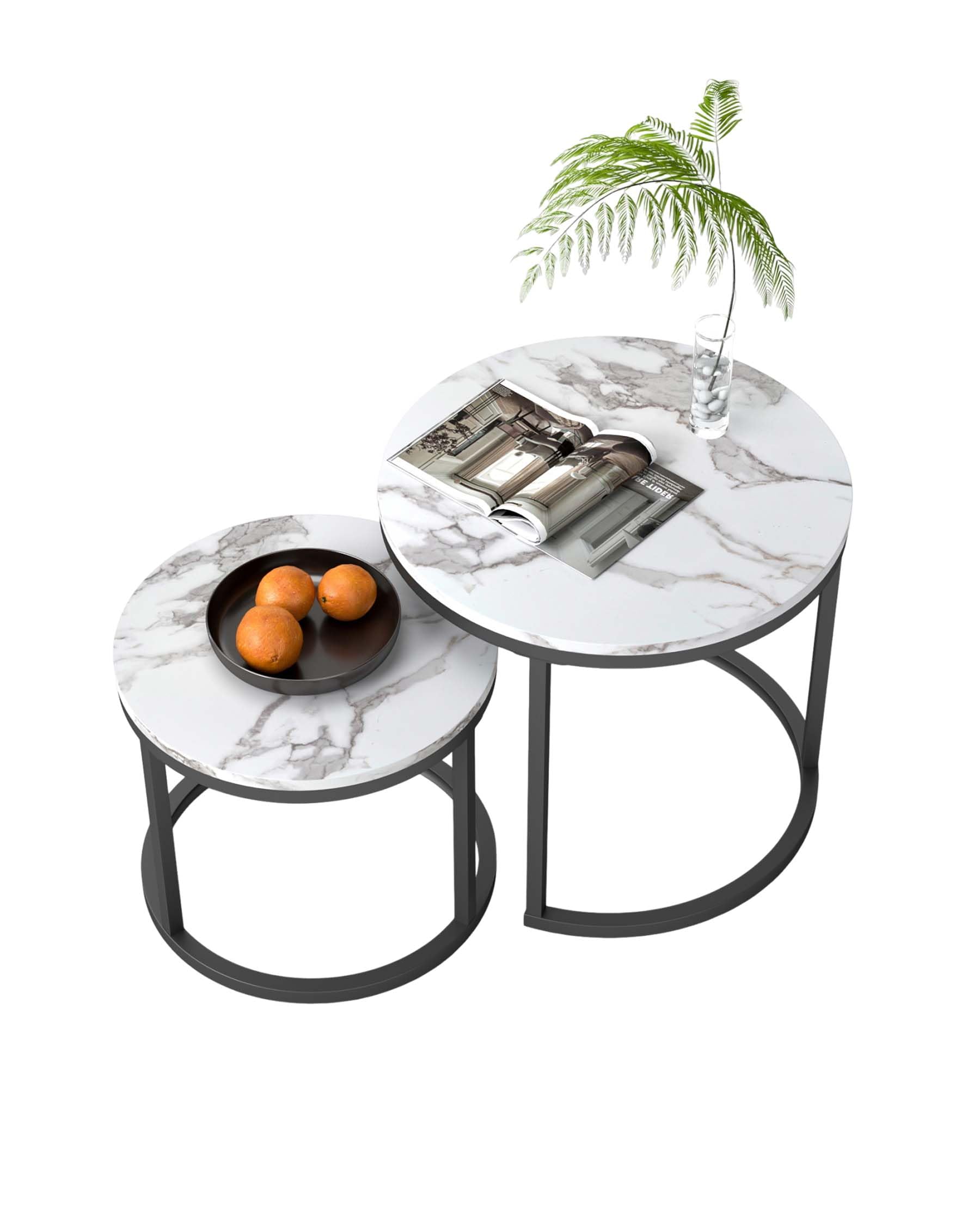 Set de 2 Mesas Auxiliares para Salon Nido Efecto Mármol Blanco 50+40cm, Mesa Auxiliar Sofa Moderna, Mesitas Auxiliares de Centro Pequeñas Mesa Salon Centro de Metal Negro