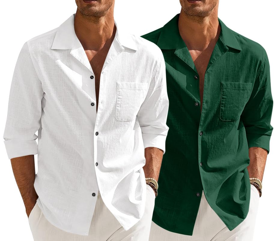 Image of Combo of Men's Casual Cotton Blend Shirt || Long Sleeve Button Down with Spread Collar | Lightweight Breathable Fabric | Stylish Solid Shirt for Beach, Office & Everyday Wear Pack of 2