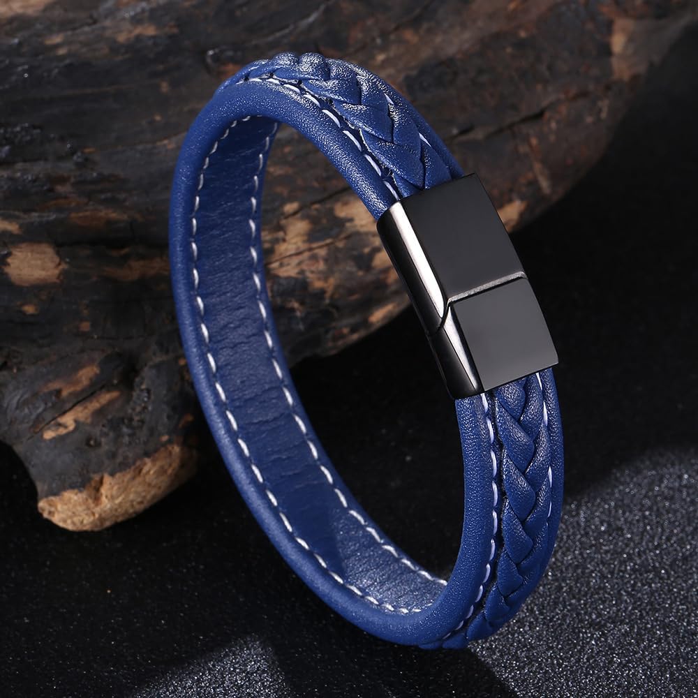 Personalized Black Braided Leather Medical Alert Bracelet for Men Engravable Medical Emergency Bracelet with Magnetic Clasp Custom Medical Id Bracelets Back and Front for Women Allergies 7.4/8.2/9"