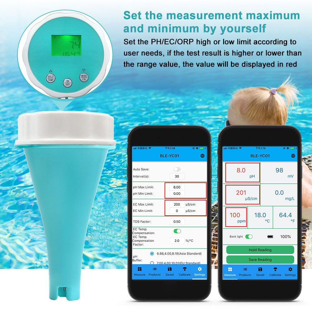 Probador de Calidad del Agua Bluetooth 6 en 1, Prueba del analizador de Calidad del Agua PH EC TDS ORP Temp Cloro Residual, medidor de Prueba Digital para Agua Potable Piscina Acuario hidropónico
