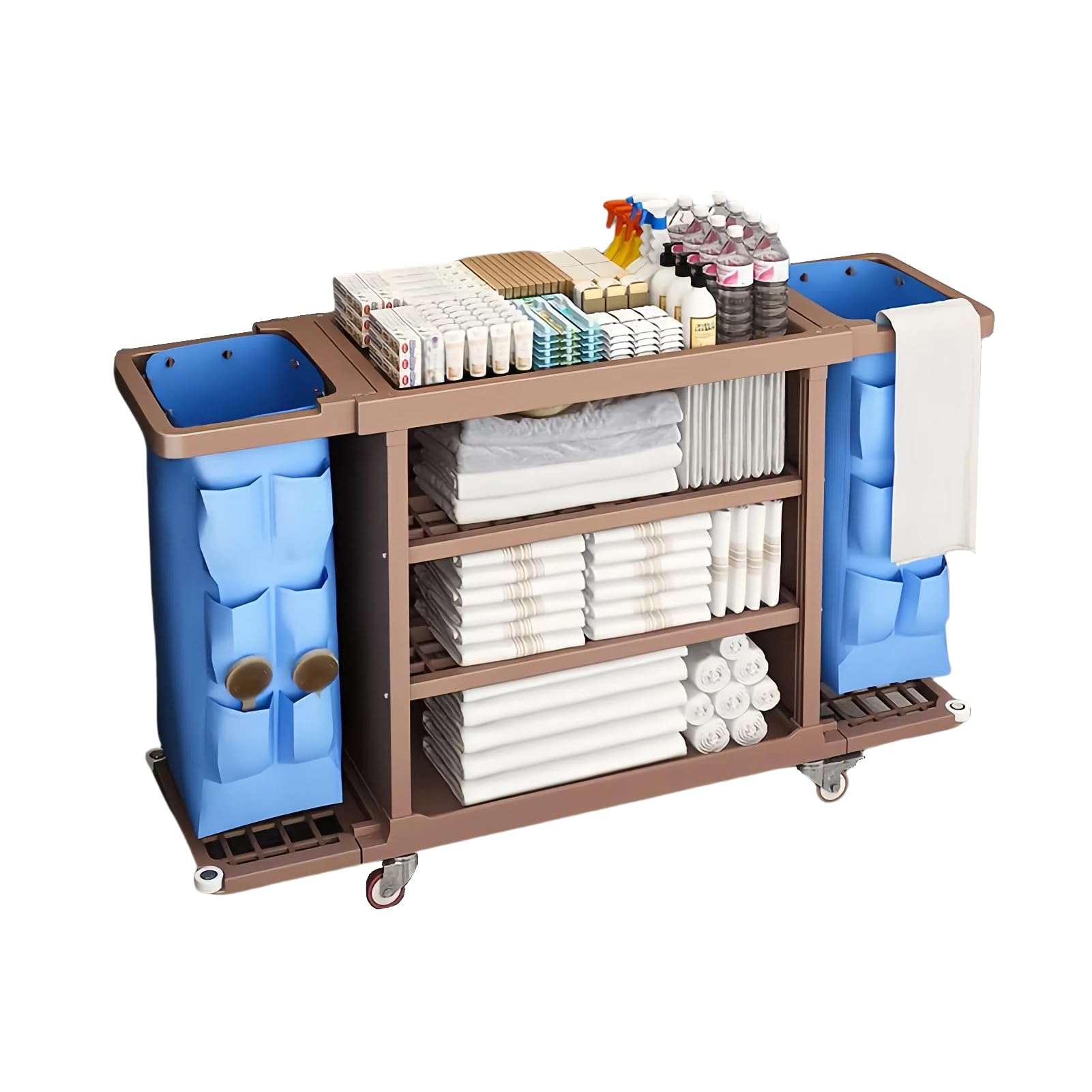 Carrello multifunzionale per la pulizia di hotel, negozi, uffici, scuole, negozi, colore marrone, 135,4 x 46,2 cm (piccola ruota)
