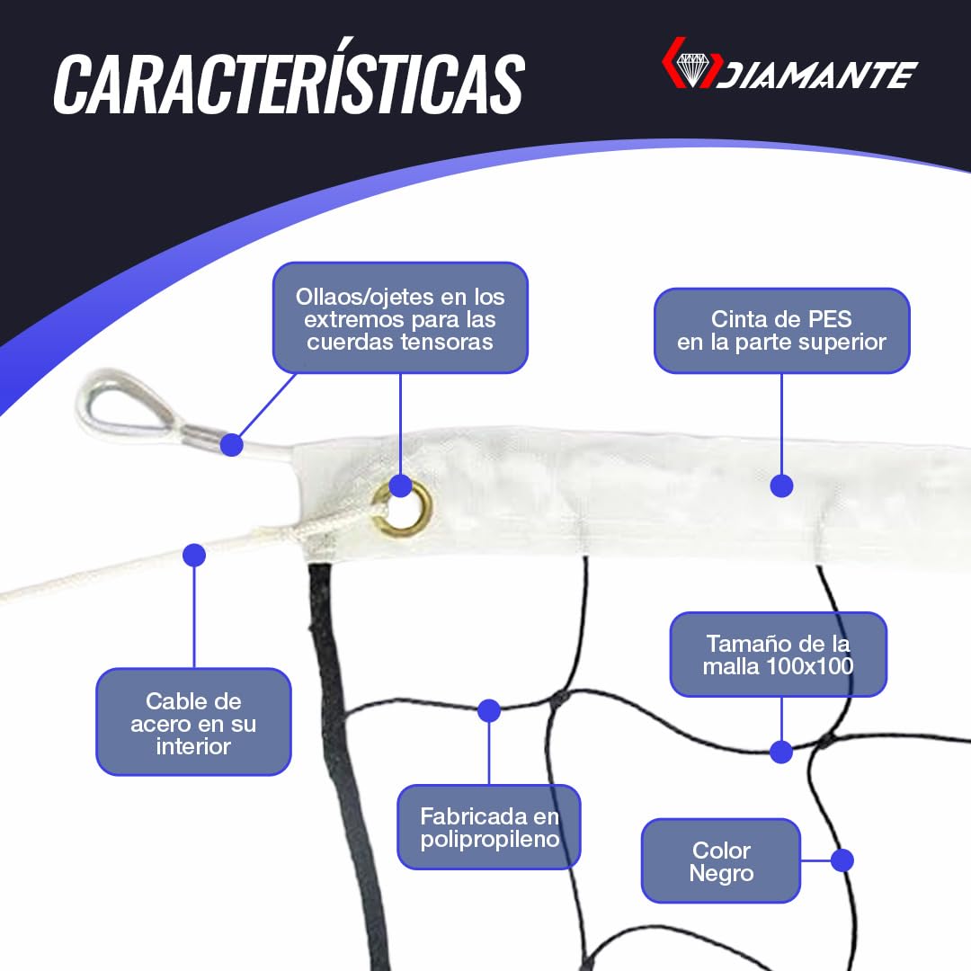DIAMANTE Red de Voleibol Profesional – Red Voleibol Resistente de Polietileno con Cinta y Cable de Acero – Red Voley Portátil Ideal para Playa, Piscina o Entrenamiento