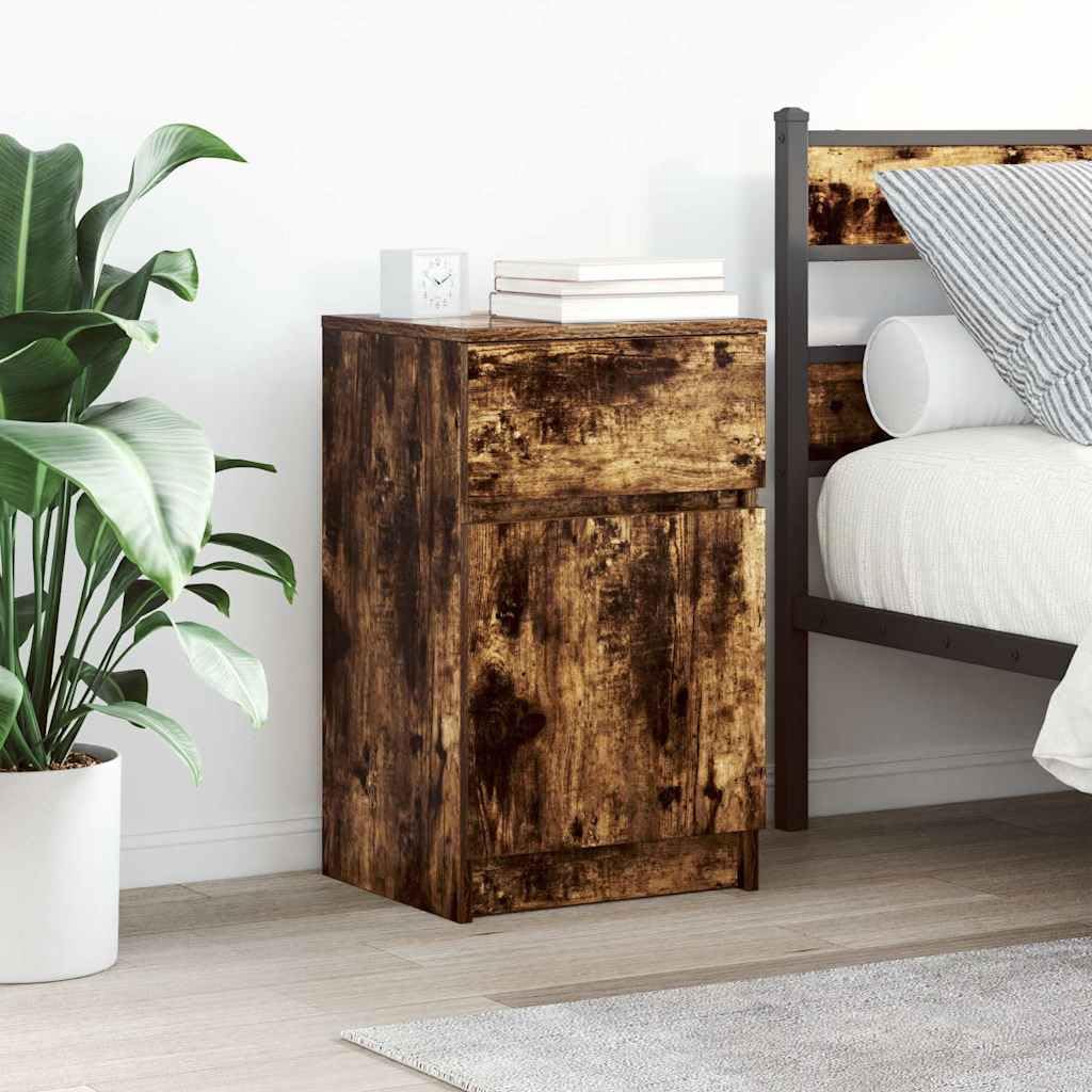 Elegante mesita de noche para dormitorio, roble ahumado, 39 x 35 x 65 cm, material de madera, fácil de limpiar, mesita de noche con superficie lisa, con placa estable y soporte de pared