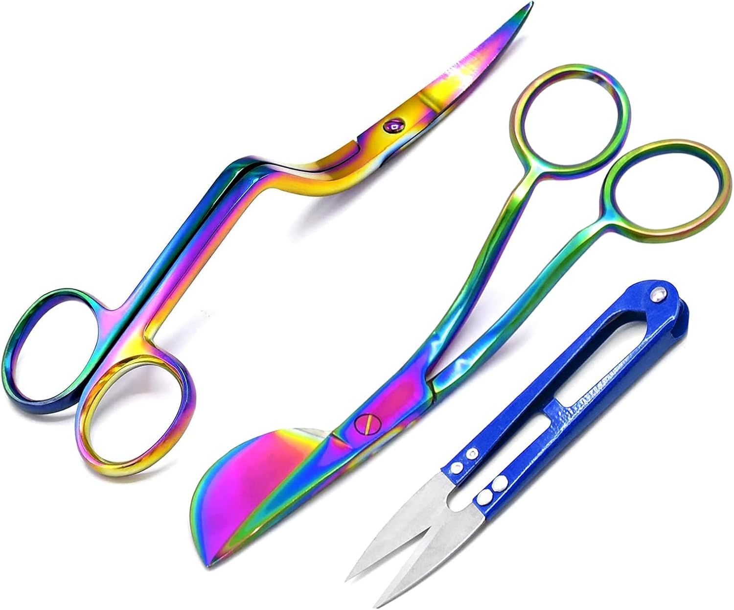 Set Of 3 Multi Rainbow Color 6 Double Bent Curved Machine Embroidery And Applique Duckbill Scissors With Thread Cutter Nipper Blue