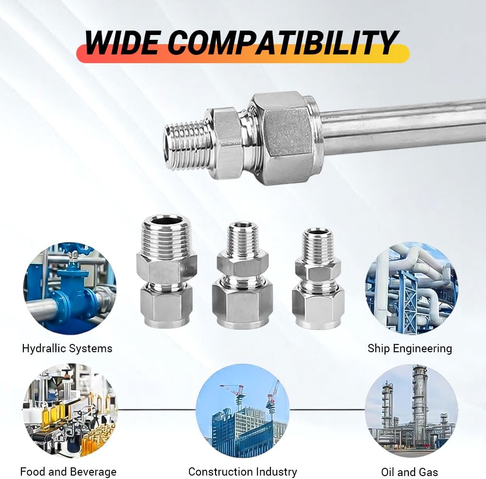 Compression Tube Pipe Fitting Connector, 1PC 1" OD x 1/2" NPT 304 Stainless Steel Male Connector, Straight Coupling Adapter for Oil Gas Water and other Pipeline Systems | Straight Male Connector Adapter for Oil Gas Water and Pipeline Systems