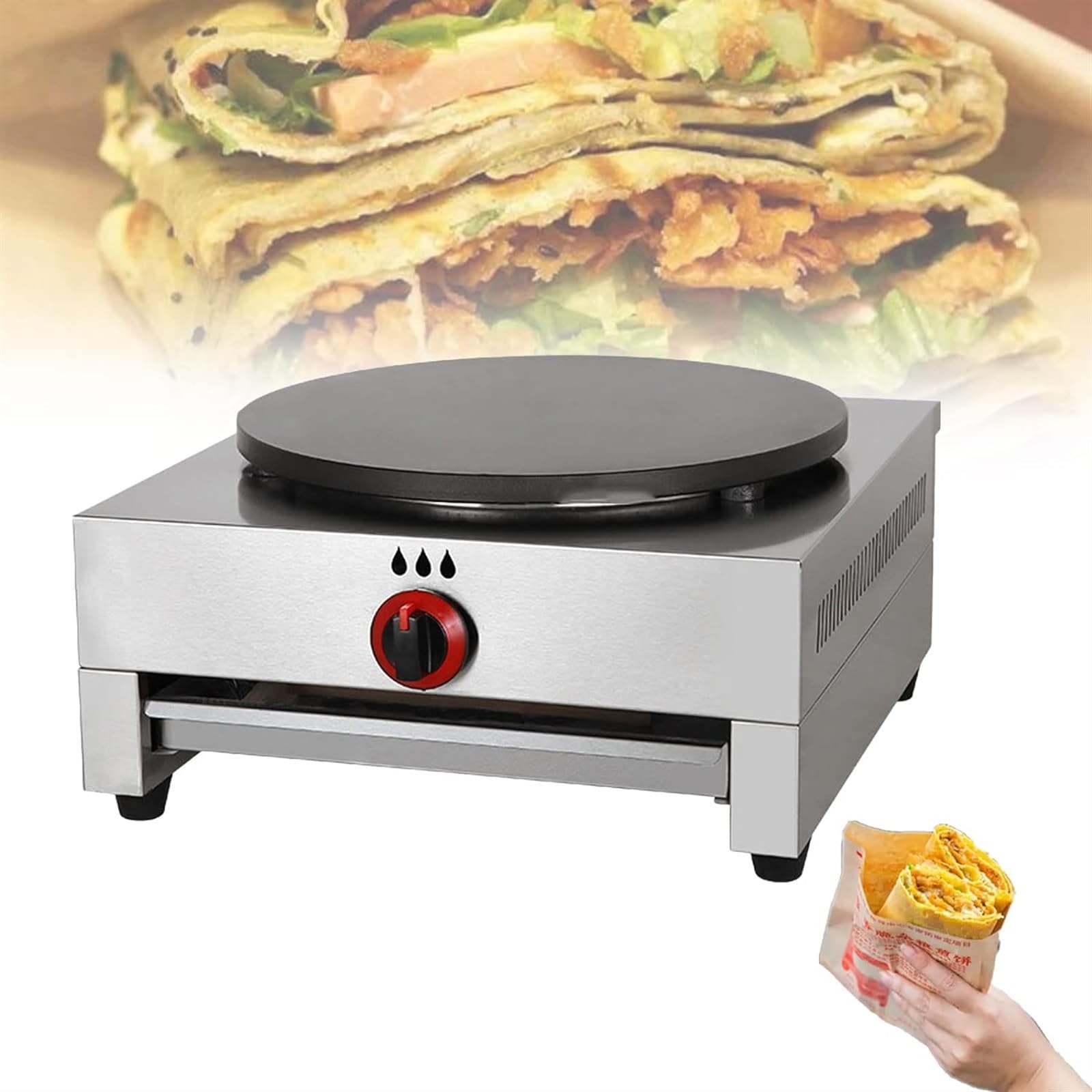 Piastra rotonda per crêpes e pancake con base di cottura antiaderente in acciaio inox con temperatura regolabile, piastra riscaldante per blintzes, pancake, uova, tortilla, a gas,Gas-Style1