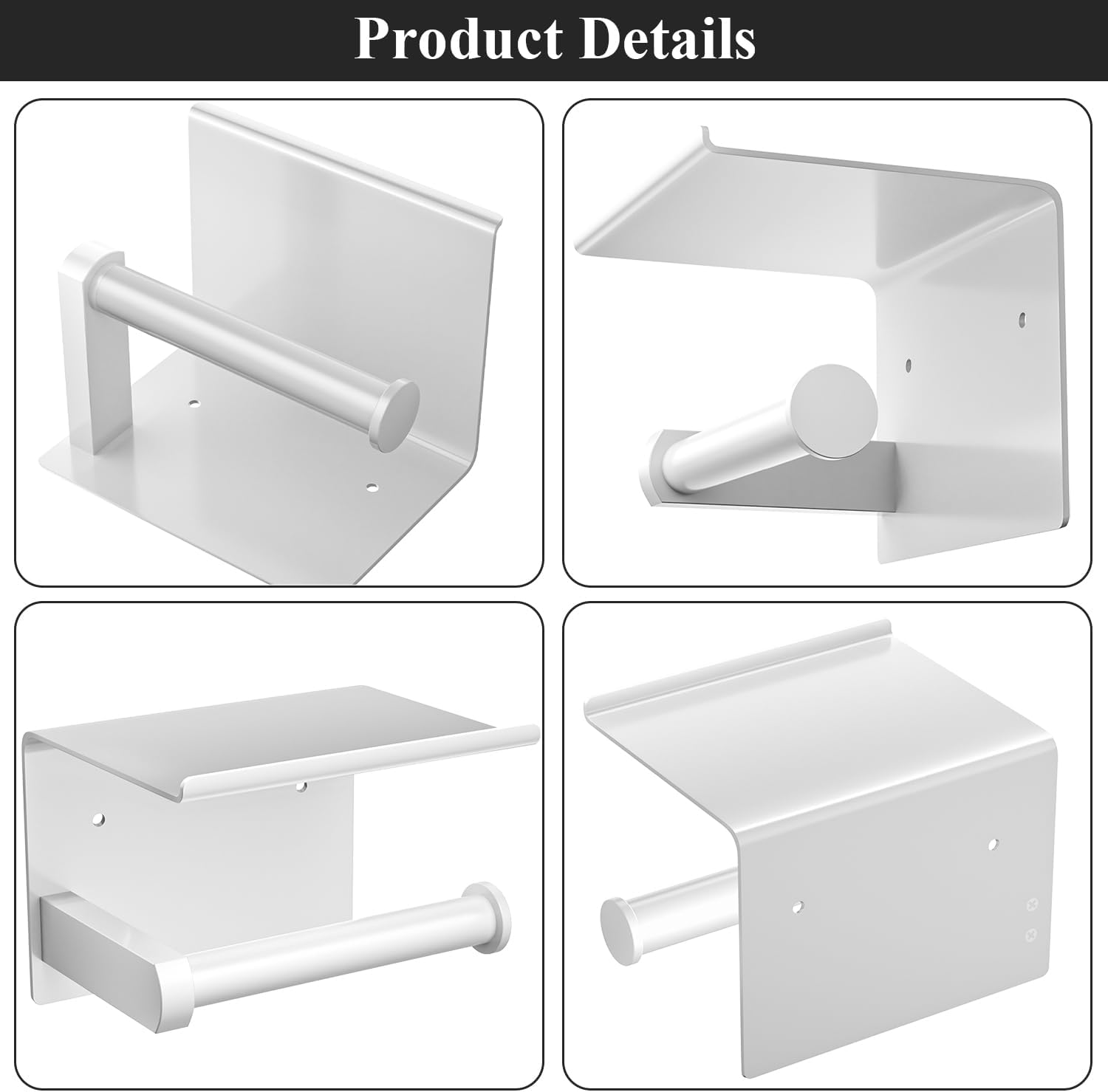 Tindbea Toilet Paper Holder with Phone Shelf + Towel Robe Hooks, Adhesive or Screw Wall Mounted Toilet Paper Roll Storage Dispenser, Stainless Steel Bathroom Tissue Roll Holder (White)
