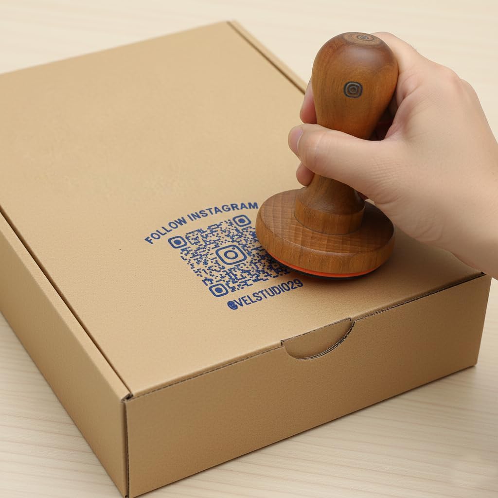 Custom QR Code Wooden Rubber Stamp with Insta Website QR – Reusable Stamp for Business Branding | VEL Studio