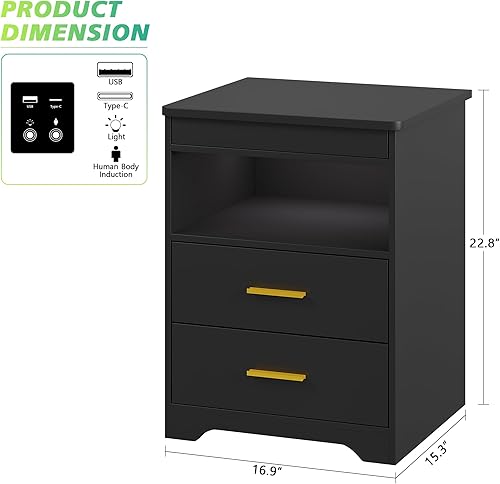 Miniatura 2 de JDPAG Mesita de noche LED con funda para pistola con bloqueo, mesa auxiliar con estación de carga, mesita de noche con luz LED regulable de 3
