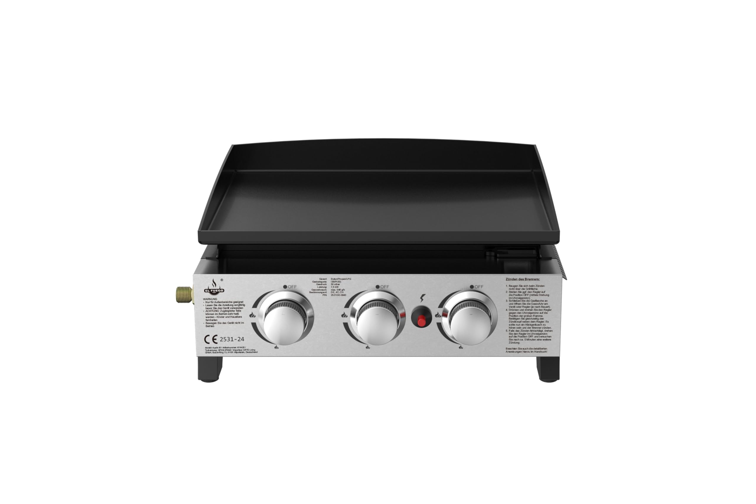 Plancha grill gazowy "AUSTIN III" firmy El Fuego®, 3 główne palniki o mocy 2,5 kW, w zestawie wąż gazowy i reduktor ciśnienia, grill BBQ | AY 4420