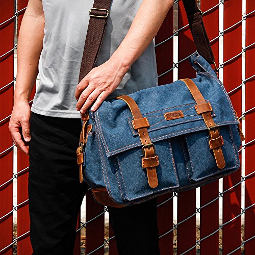 Messenger Bag For 17 Inch Laptop Vintage Canvas Leather Shoulder Crossbody Briefcase Satchel Shoulder Computer School Bag Travel Office Messenger Bag For Men Women-Blue #TOP5