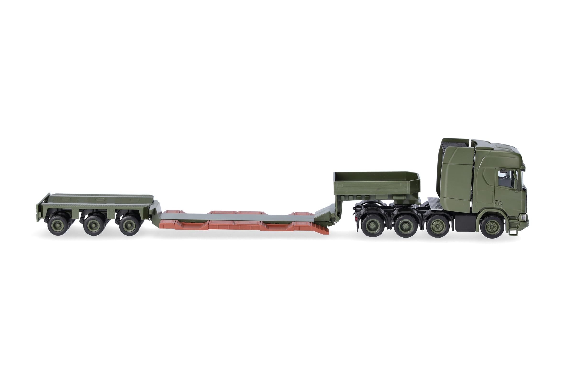 Herpa model ciężarówki Scania CR 20 HD naczepa niskopodwoziowa „Danish Army” (DK), miniatura w skali 1:87, Military, model kolekcjonerski, wyprodukowany w Niemczech, tworzywo sztuczne