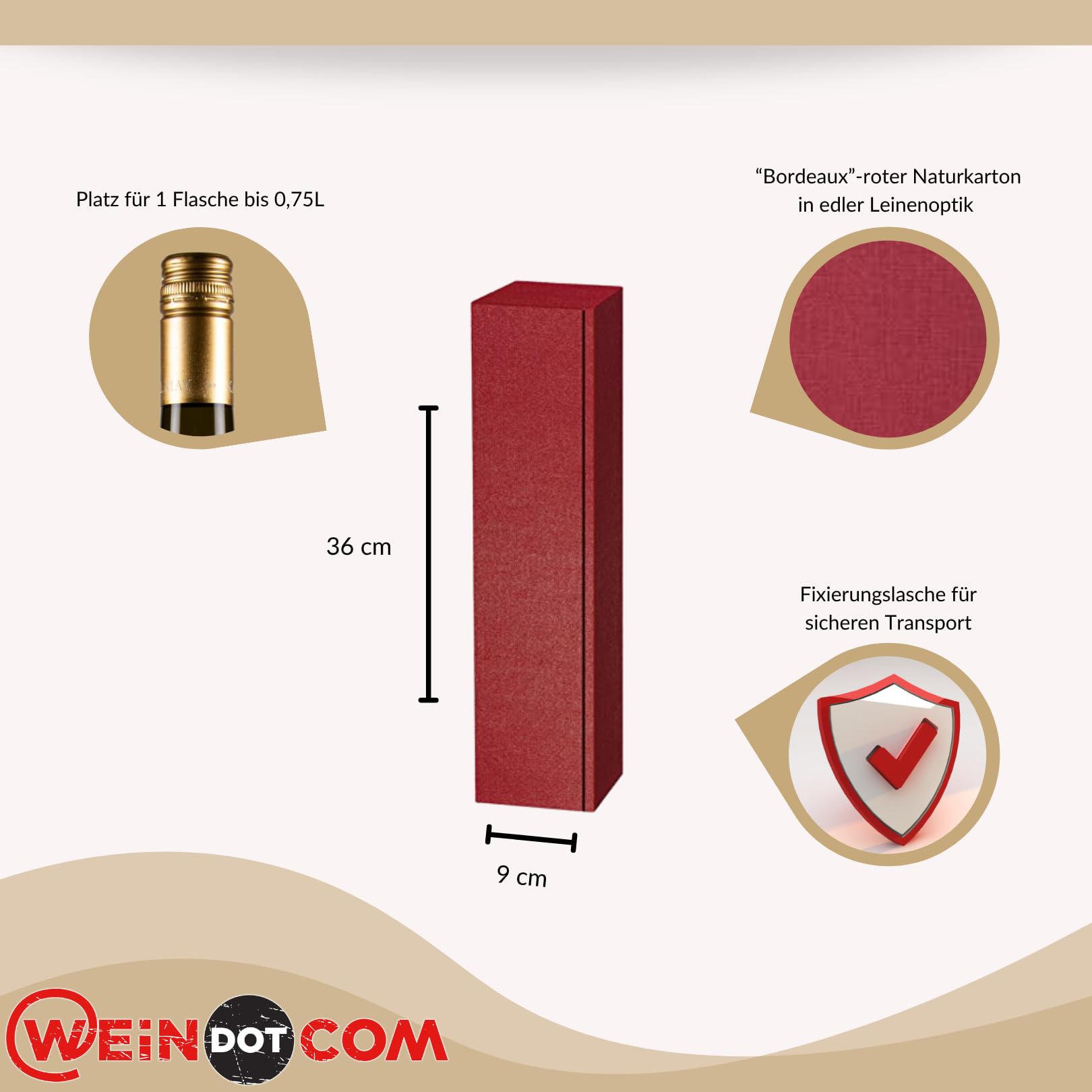 10x Flaschen Geschenkkarton Wein - Rot - für 1 Flasche - Verpackung in hochwertiger Leinenoptik