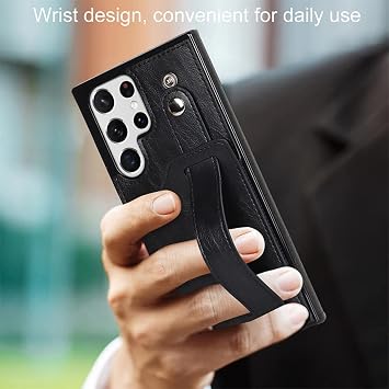 Galaxy S25 Ultra用NKECXKJ デザイン 調節可能なリストストラップ キックスタンド クレジットカードスロット スリム 耐衝撃 ハイブリッド 頑丈な保護カバー Samsung S25U レディース メンズ ガールズ 6.9インチ ブラック