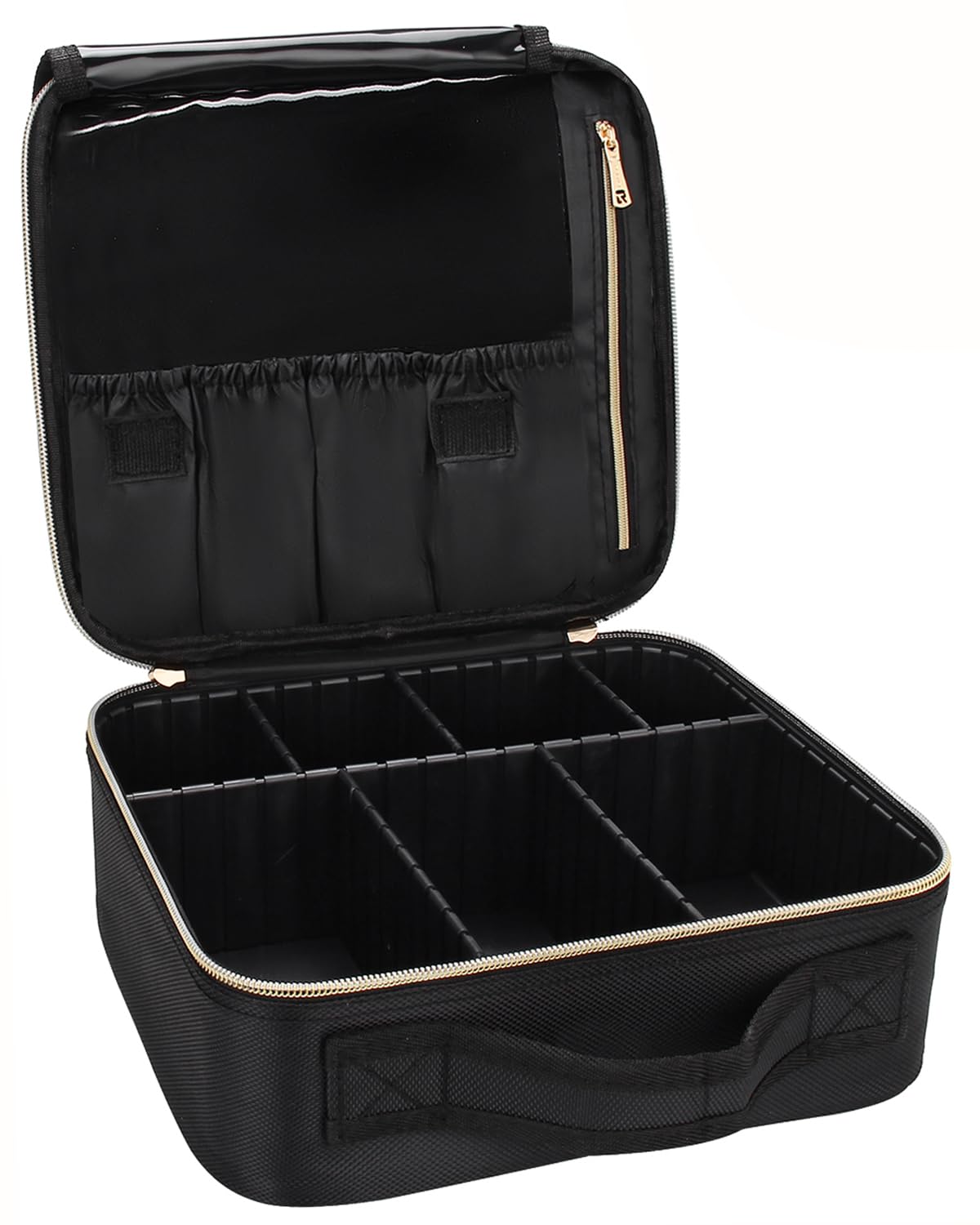 Relavel Travel Makeup Train Case Makeup Cosmetic Case Organizer Portable Artist Storage Bag with Adjustable Dividers for Cosmetics Makeup Brushes Toiletry Jewelry Digital (Black with golden zipper)