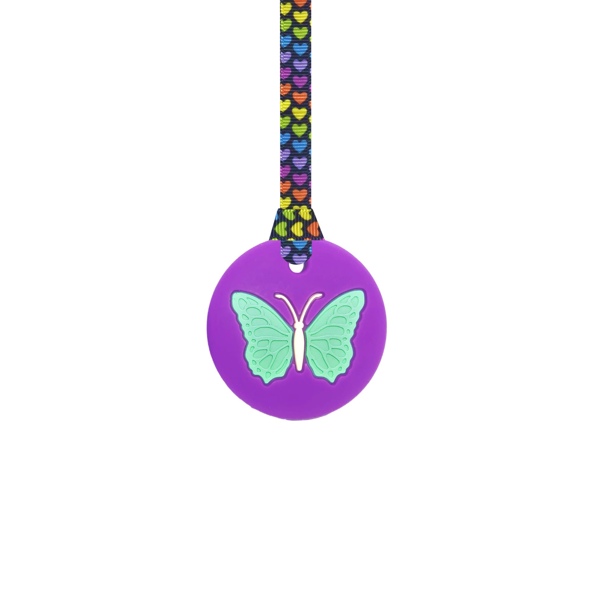 Butterfly Chew Necklace with Lanyard - Purple - Sensory Chew for Kids with Autism, Anxiety & ADHD – 100% Food Grade Silicone - Sensory Oojamabobs (8 Designs Available) (Rainbow Hearts, 70cm Lanyard)