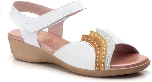 Sandalias de piel ancho especial con pedrería, correa con velcro (Blanco,  numeric_39) : Amazon.es: Zapatos y complementos