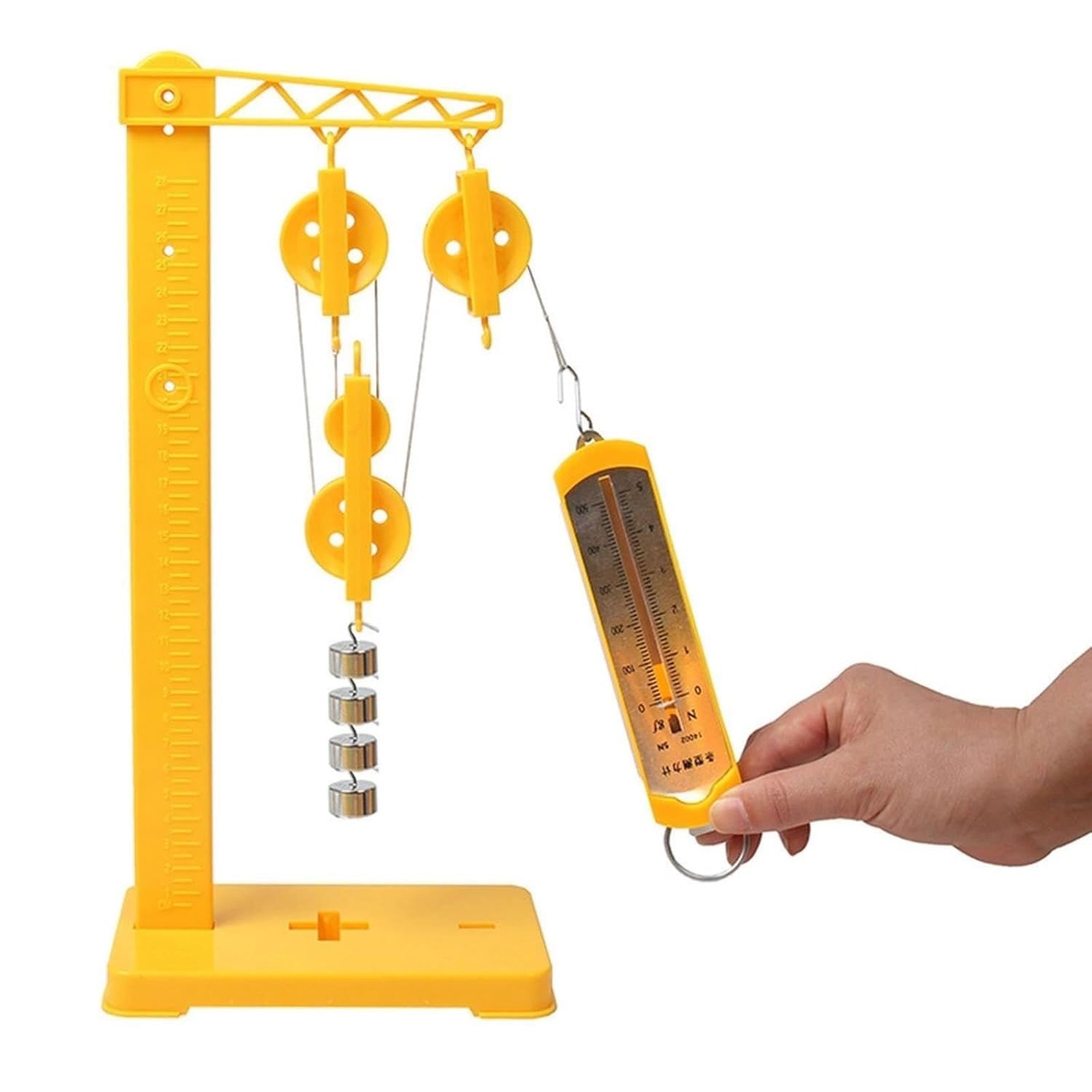 Demonstrator for festes und bewegliches kombiniertes Riemenscheibensystem mit Federdynamometer | PP-Metallrahmen, mechanischer Vorteil, arbeitssparendes Verhältnis, Statik