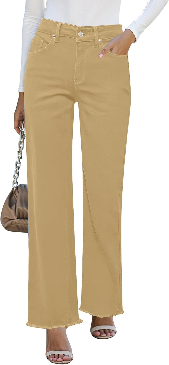GRAPENT Straight Leg Jeans for Women High Waisted Stretchy Frayed Raw Hem Loose Denim Pants Casual Baggy Jean Trousers
