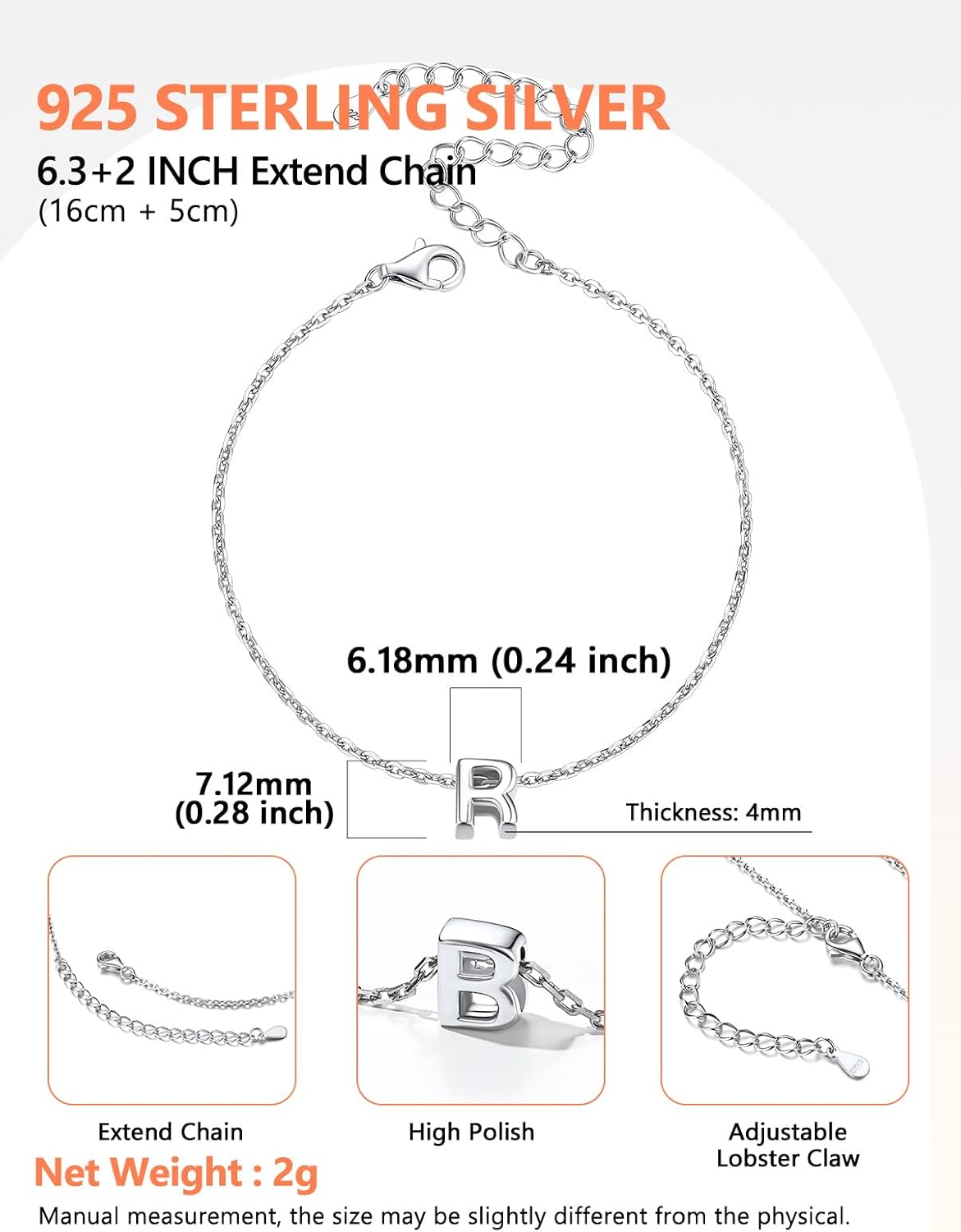 Silvora S925 Sterling Silver Initial Letter Bracelet - A to Z, 6.3" + 2" Adjustable Personalized 26 Alphabet Jewelry Initial Bracelet for Women - Image 4
