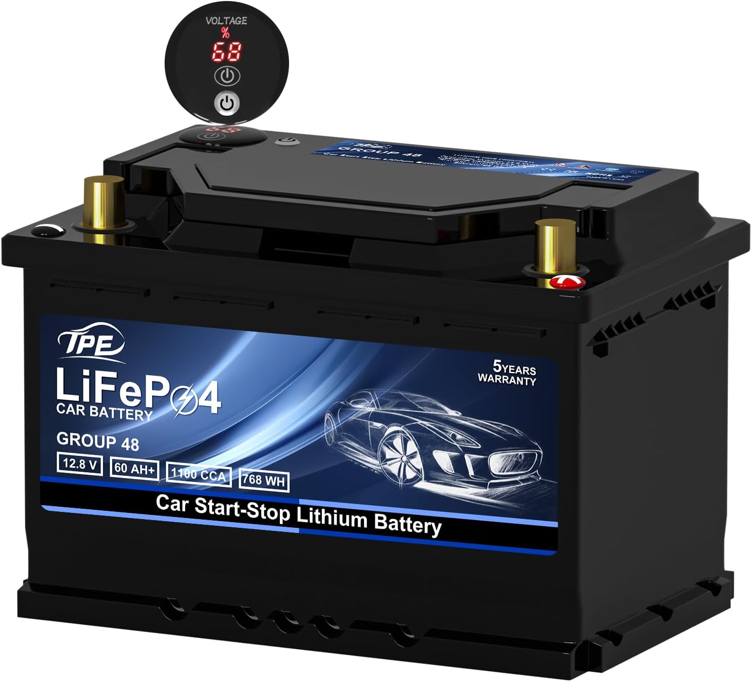 TPEGROUP48 12V 60AH Car Battery - High-Performance Lithium Auto Battery with 1100CCA, 60 Months Warranty, Smart Display
