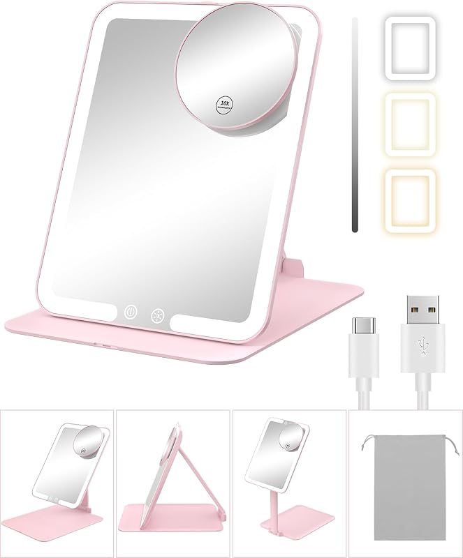 Travel Makeup Mirror with Lights and Magnification 10X, Portable Make Up Compact Tabletop Mirror with Adjustable Stand, 3 Colored Lights Rechargeable Lighted LED Vanity Mirror - Pink