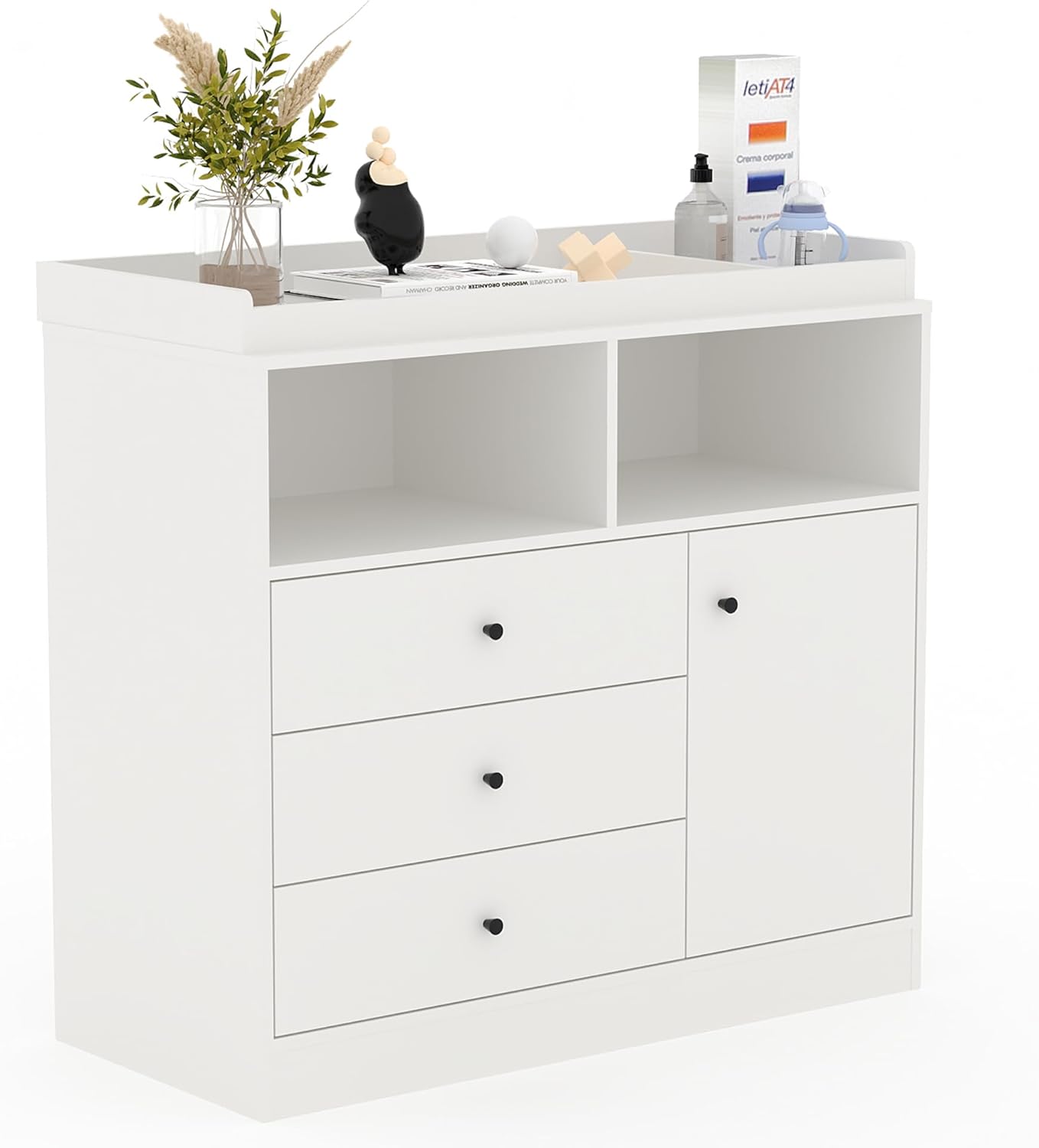 Baby Changing Table Dresser, Wooden Diaper Changing Station with 2 Open Shelves, 3 Drawers, and 1 Cabinet, Modern Baby Dressers for Nursery, Bedroom, Kids Room, White