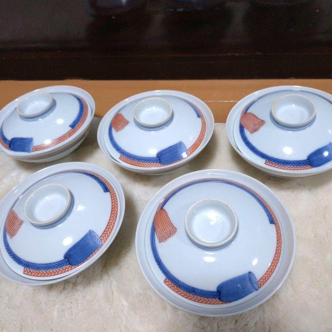 人間国宝　【13代今泉今右衛門】錦　紐(ひも)の絵　蓋付茶碗　5つ揃い 人間国宝 13代今泉今右衛門錦 紐(ひも)の絵 蓋付茶碗