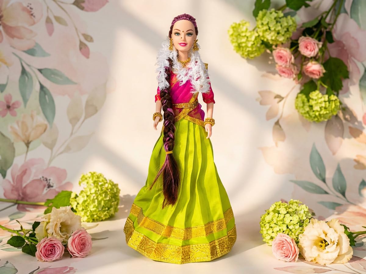 Maalona | Sangeetha | South Indian Doll in Traditional Silk Saree, Accessories | Celebrating Indian Culture Through Play | Gift for Kids | 11.3 Inch, Green & Pink