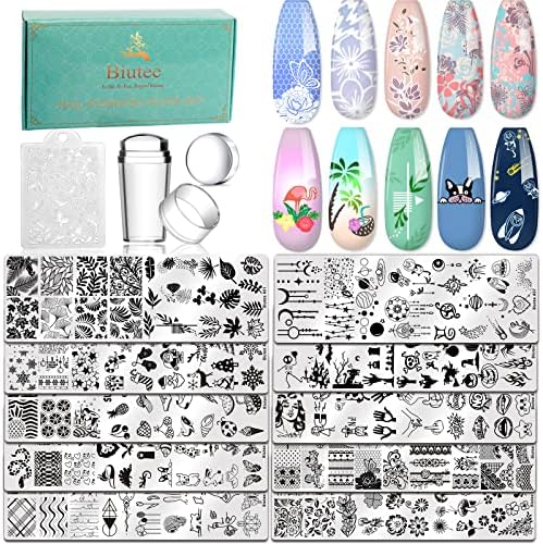 Biutee Nail Stamping Plate Nails Art Stamper Kit Stamp 15 Template Silicone Jelly Stamper Design Flower Star Animal Heat Love Line French Tip Tool Supplies Scraper Storage Bag Gift Box Set