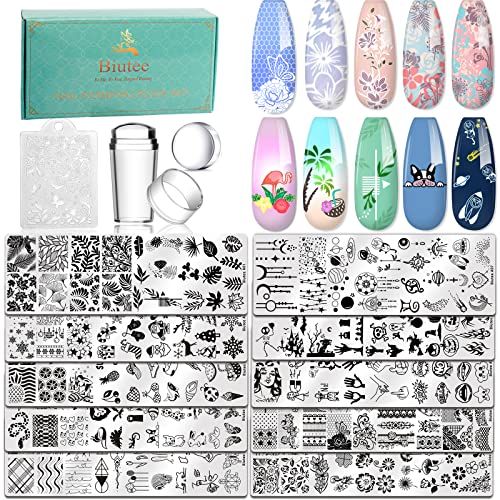 Biutee Nail Stamping Plate Nails Art Stamper Kit Stamp 15 Template Silicone Jelly Stamper Design Flower Star Animal Heat Love Line French Tip Tool Supplies Scraper Storage Bag Gift Box Set #TOP6
