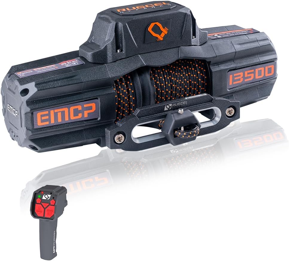 rugcel winch 12v emcp winch 13500lb new waterproof electric synthetic rope jeep winch with hawse fairlead,2 in 1 infrared remote control,dual color rope,for truck suv