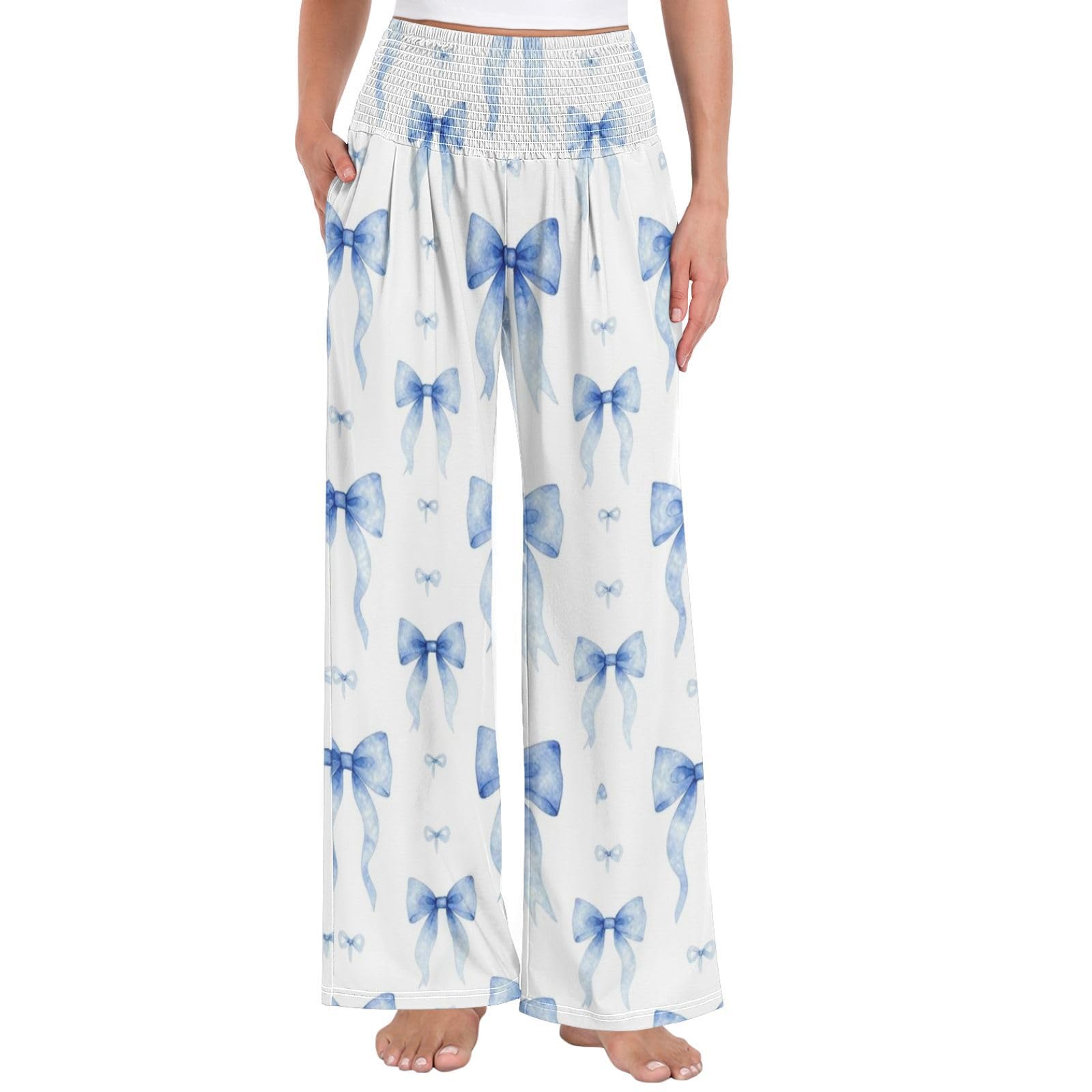 Sky Bows - Pantalones de pierna ancha para mujer, ligeros, elásticos, informales, ropa de descanso