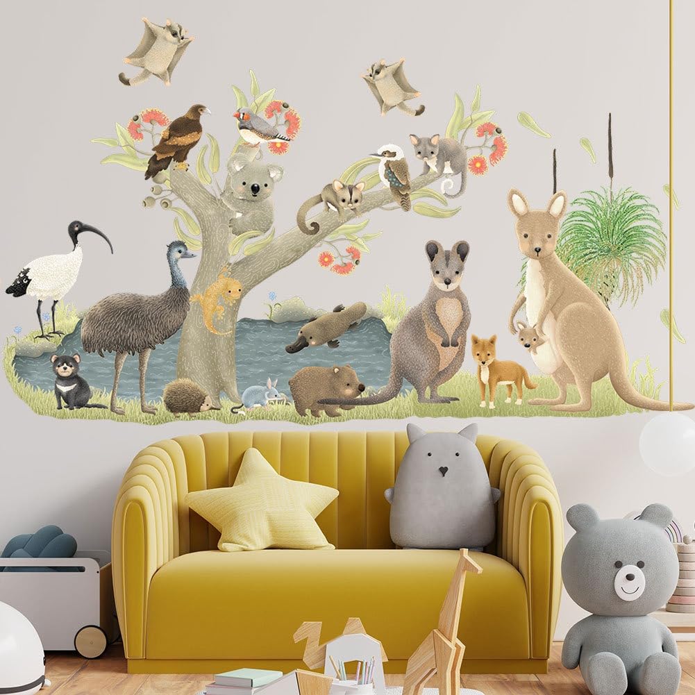 COVPAW Wall Sticker Australian Animals Tree Jungle Wall Sticker Zoological Garden Wall Sticker Kangaroo Koala Duck Mule Nursery Baby Room Bedroom Wall Decoration (Australian Animals)