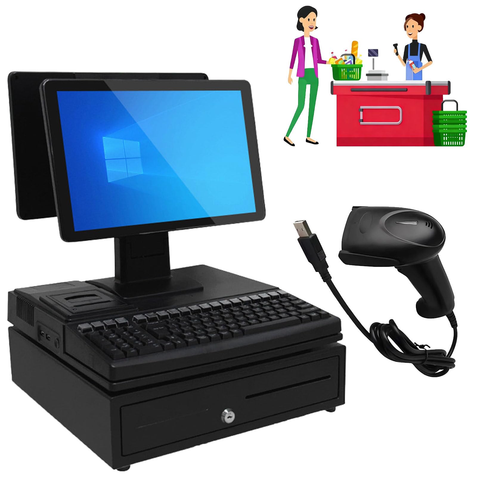 Ptatritious D Cashier Register, Smart Cash Register Pos System All-In-One Cash Register With 15.6-Inch Touch Screen Pc, Built-In 58Mm Printer, For Small Businesses An Retailers -8+128Gb